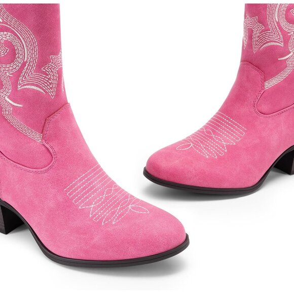 Women Pink Suede leather Embroidered Country Heel Pointed Toe Cowgirl Boots - Picture 4 of 7